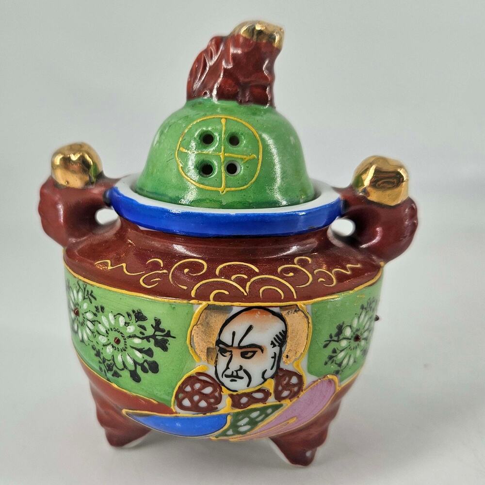 Japanese Satsuma Incense Burner Hand Decorated Footed Porcelain Foo Dog Handles